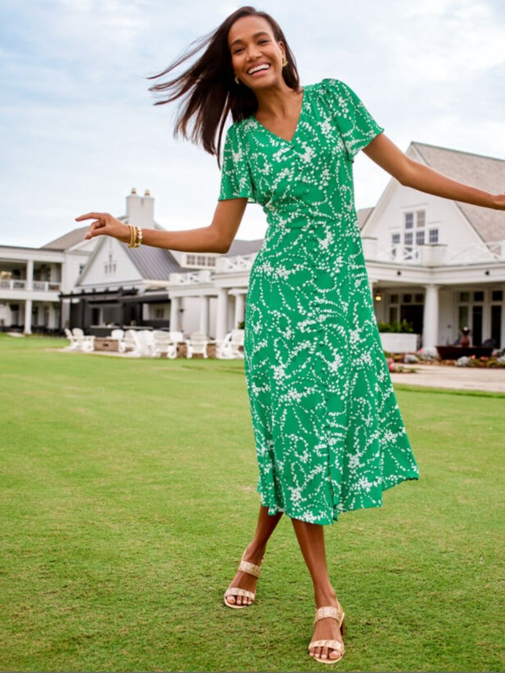 Talbots Plus 18W. Green Floral V-Neck Maxi Dress